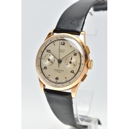 26 - A 18CT GOLD DREFFA TWIN DIAL CHRONOGRAPH WRISTWATCH, hand wound movement, silver tone round dial sig... 