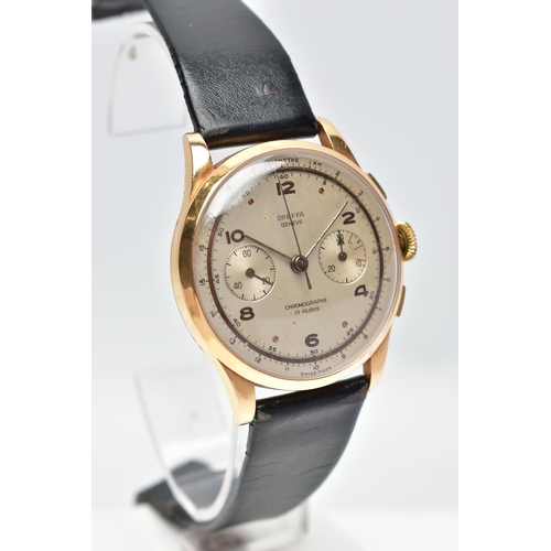 26 - A 18CT GOLD DREFFA TWIN DIAL CHRONOGRAPH WRISTWATCH, hand wound movement, silver tone round dial sig... 