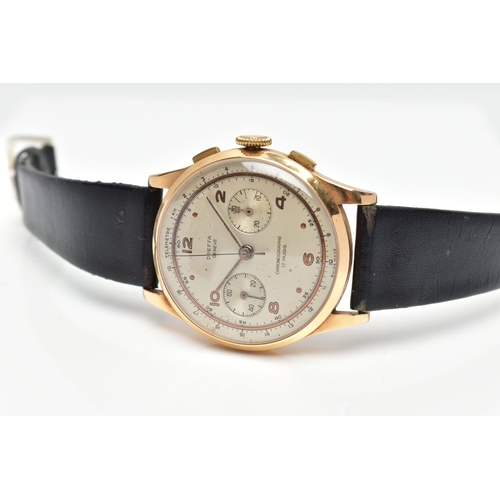 26 - A 18CT GOLD DREFFA TWIN DIAL CHRONOGRAPH WRISTWATCH, hand wound movement, silver tone round dial sig... 