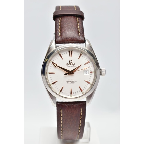 27 - AN OMEGA SEAMASTER 'AQUA TERRA' WRISTWATCH, the matt cream dial, with rose gold tone luminescent bat... 