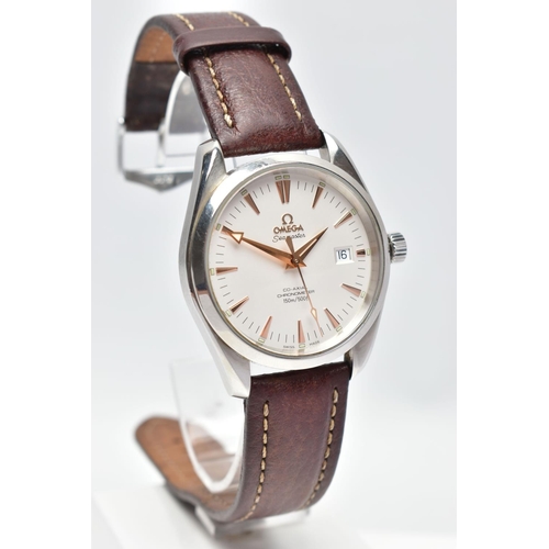 27 - AN OMEGA SEAMASTER 'AQUA TERRA' WRISTWATCH, the matt cream dial, with rose gold tone luminescent bat... 