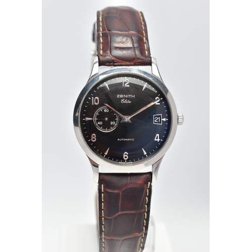 28 - A ZENITH 'ELITE' AUTOMATIC WRISTWATCH, the black dial with silver tone hourly applied batons and Ara... 