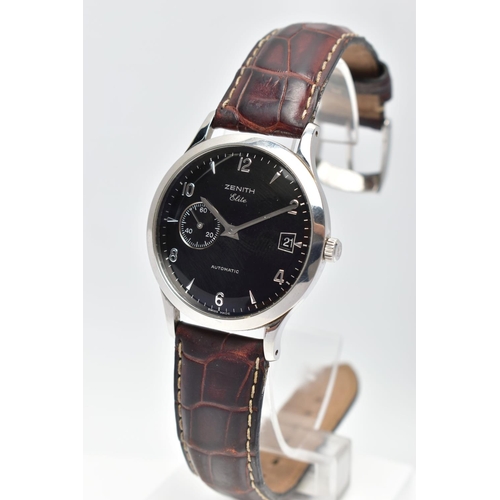 28 - A ZENITH 'ELITE' AUTOMATIC WRISTWATCH, the black dial with silver tone hourly applied batons and Ara... 