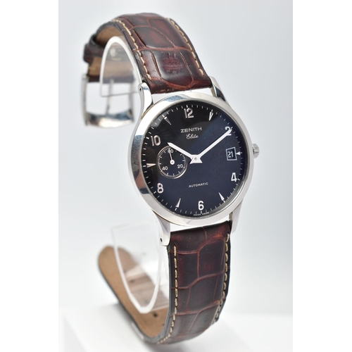 28 - A ZENITH 'ELITE' AUTOMATIC WRISTWATCH, the black dial with silver tone hourly applied batons and Ara... 