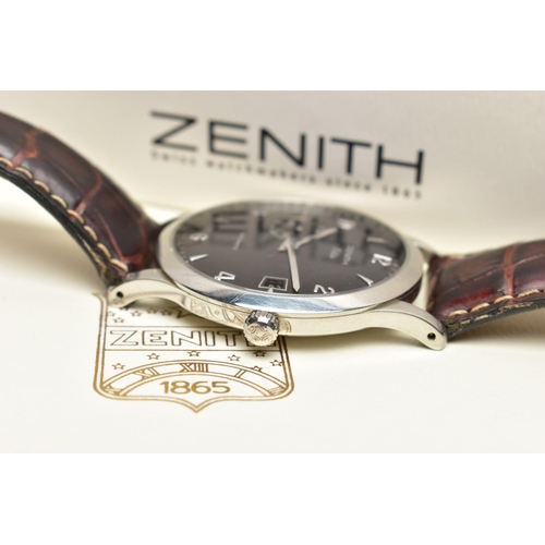 28 - A ZENITH 'ELITE' AUTOMATIC WRISTWATCH, the black dial with silver tone hourly applied batons and Ara... 