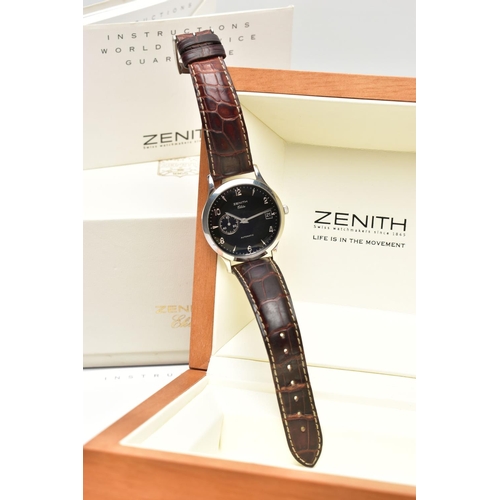 28 - A ZENITH 'ELITE' AUTOMATIC WRISTWATCH, the black dial with silver tone hourly applied batons and Ara... 