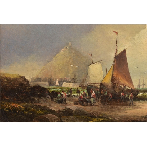 325 - ATTRIBUTED TO J MUNDELL (1818-1875) FIGURES UNLOADING A BOAT AT LOW TIDE, possibly Mont Orgueil in J... 