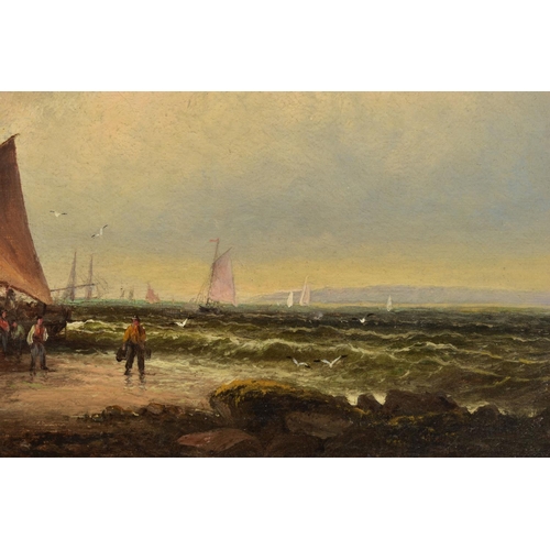 325 - ATTRIBUTED TO J MUNDELL (1818-1875) FIGURES UNLOADING A BOAT AT LOW TIDE, possibly Mont Orgueil in J... 