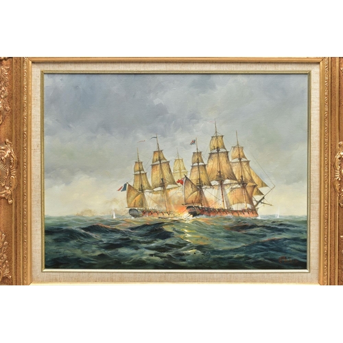 330 - D MACLEOD (CONTEMPORARY), A MARITIME BATTLE BETWEEN TWO  BRITISH AND FRENCH SQUARE RIGGED  SHIPS, si... 