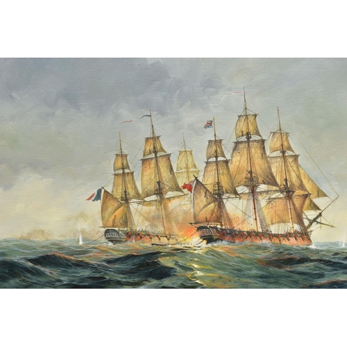 330 - D MACLEOD (CONTEMPORARY), A MARITIME BATTLE BETWEEN TWO  BRITISH AND FRENCH SQUARE RIGGED  SHIPS, si... 