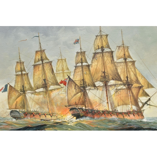 330 - D MACLEOD (CONTEMPORARY), A MARITIME BATTLE BETWEEN TWO  BRITISH AND FRENCH SQUARE RIGGED  SHIPS, si... 