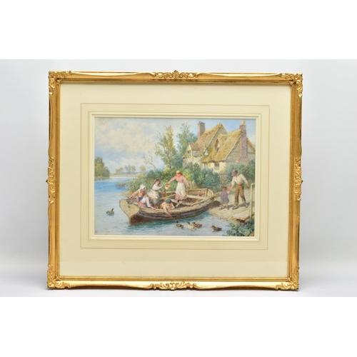 331 - MYLES BIRKET FOSTER (1825-1899) 'THE FERRY', a family board a rowing boat before a partially thatche... 