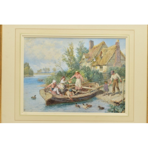 331 - MYLES BIRKET FOSTER (1825-1899) 'THE FERRY', a family board a rowing boat before a partially thatche... 