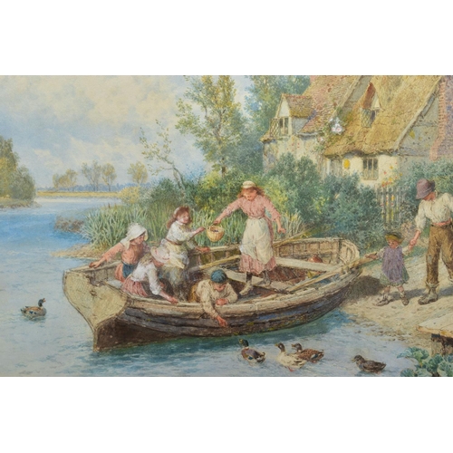 331 - MYLES BIRKET FOSTER (1825-1899) 'THE FERRY', a family board a rowing boat before a partially thatche... 