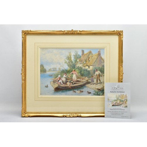 331 - MYLES BIRKET FOSTER (1825-1899) 'THE FERRY', a family board a rowing boat before a partially thatche... 