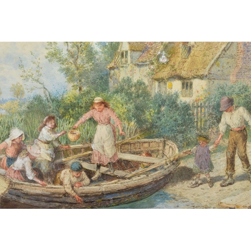 331 - MYLES BIRKET FOSTER (1825-1899) 'THE FERRY', a family board a rowing boat before a partially thatche... 