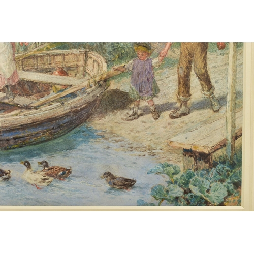 331 - MYLES BIRKET FOSTER (1825-1899) 'THE FERRY', a family board a rowing boat before a partially thatche... 