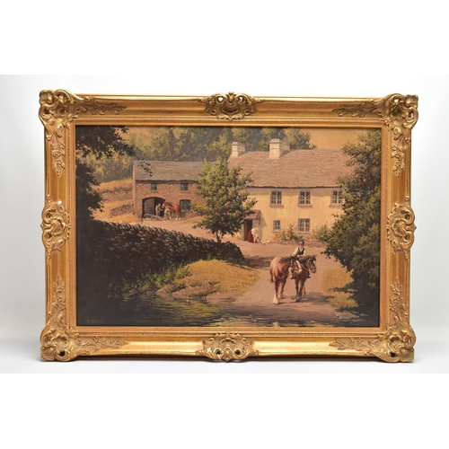 332 - RONALD MOSELEY (BRITISH 1931), A PAIR OF HEAVY HORSES HEADING TOWARDS A FORD, a whitewashed cottage ... 