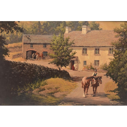 332 - RONALD MOSELEY (BRITISH 1931), A PAIR OF HEAVY HORSES HEADING TOWARDS A FORD, a whitewashed cottage ... 