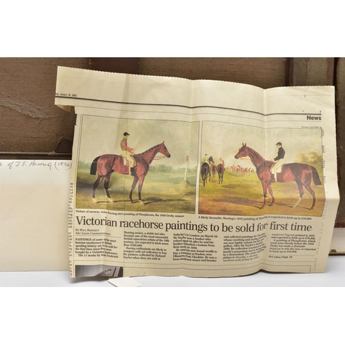 334 - JOHN FREDERICK HERRING Snr (1795-1865), BROWN AND WHITE HEAVY HORSES IN STABLES, one wearing a harne... 