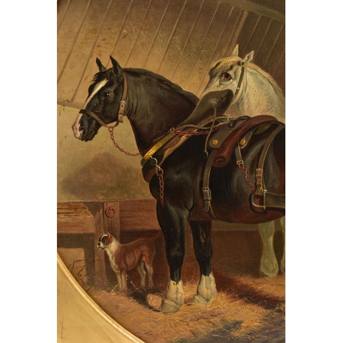 334 - JOHN FREDERICK HERRING Snr (1795-1865), BROWN AND WHITE HEAVY HORSES IN STABLES, one wearing a harne... 