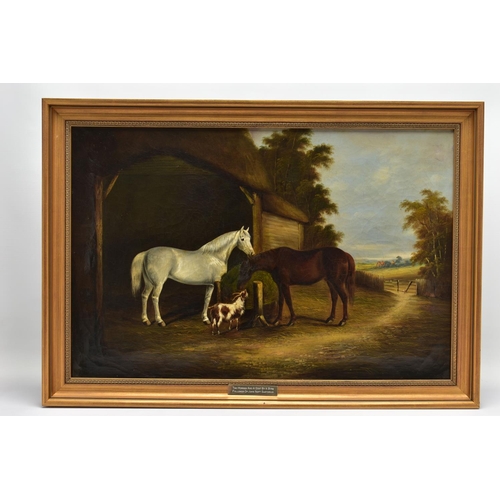 335 - A 19TH CENTURY ENGLISH SCHOOL STUDY OF TWO HORSES AND A GOAT BESIDE A THATCHED OUTBUILDING, no visib... 