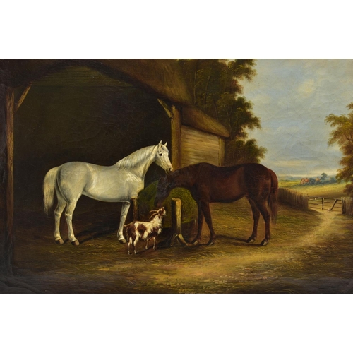 335 - A 19TH CENTURY ENGLISH SCHOOL STUDY OF TWO HORSES AND A GOAT BESIDE A THATCHED OUTBUILDING, no visib... 