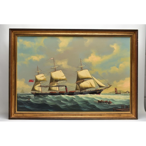 338 - SALVATORE COLACICCO (ITALY 1935) 'THE STEAM & SAIL SHIP ORINOCO ENTERING A SPANISH HARBOUR', a squar... 