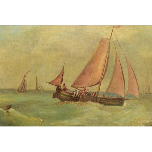 339 - LOUIS BLAND (19TH CENTURY) FISHERMEN IN A BOAT HAULING IN A NET, three other boats to the distance o... 