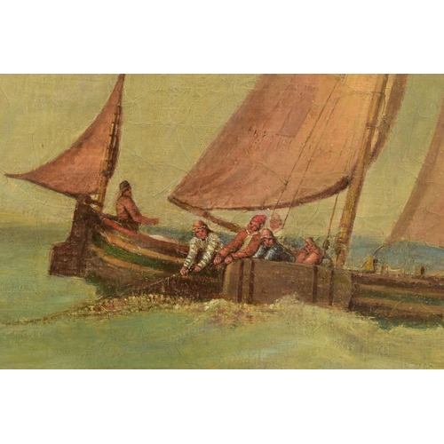 339 - LOUIS BLAND (19TH CENTURY) FISHERMEN IN A BOAT HAULING IN A NET, three other boats to the distance o... 