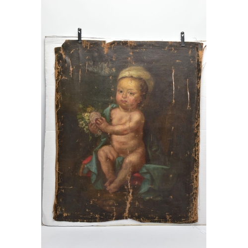 343 - 18TH CENTURY SCHOOL, PUTTO HOLDING A BOUQUET OF FLOWERS, with fabric draped over one shoulder and se... 