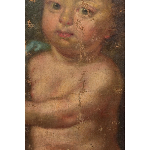 343 - 18TH CENTURY SCHOOL, PUTTO HOLDING A BOUQUET OF FLOWERS, with fabric draped over one shoulder and se... 