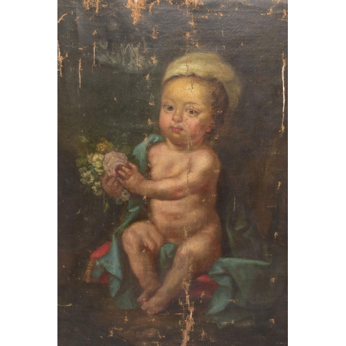 343 - 18TH CENTURY SCHOOL, PUTTO HOLDING A BOUQUET OF FLOWERS, with fabric draped over one shoulder and se... 