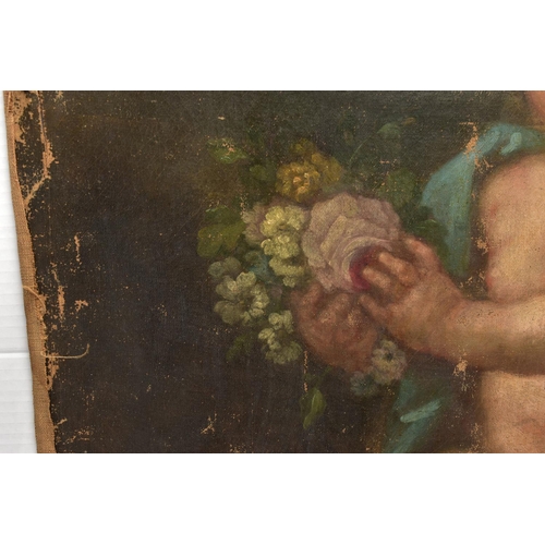 343 - 18TH CENTURY SCHOOL, PUTTO HOLDING A BOUQUET OF FLOWERS, with fabric draped over one shoulder and se... 