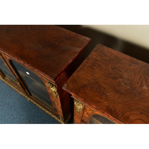 344 - A PAIR OF 19TH CENTURY FRENCH BURR WALNUT AND MARQUETRY INLAID BOOKCASES, the double glazed doors en... 