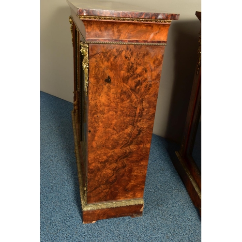 344 - A PAIR OF 19TH CENTURY FRENCH BURR WALNUT AND MARQUETRY INLAID BOOKCASES, the double glazed doors en... 