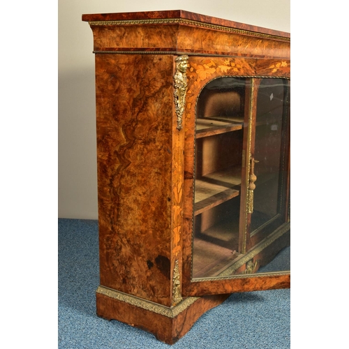 344 - A PAIR OF 19TH CENTURY FRENCH BURR WALNUT AND MARQUETRY INLAID BOOKCASES, the double glazed doors en... 