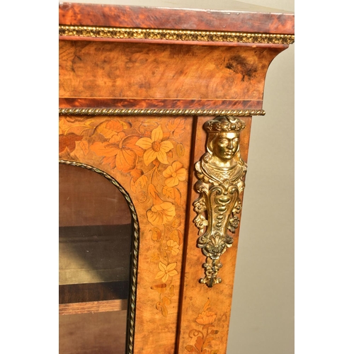 344 - A PAIR OF 19TH CENTURY FRENCH BURR WALNUT AND MARQUETRY INLAID BOOKCASES, the double glazed doors en... 