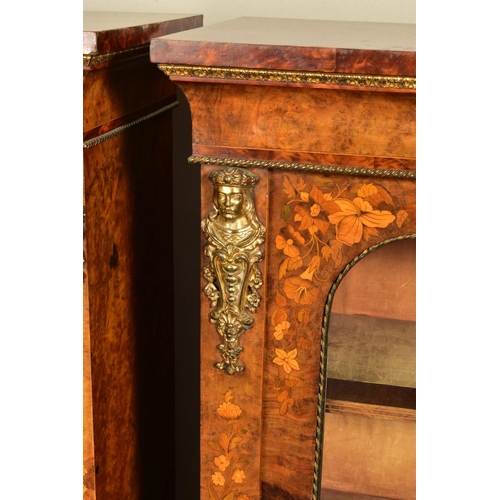 344 - A PAIR OF 19TH CENTURY FRENCH BURR WALNUT AND MARQUETRY INLAID BOOKCASES, the double glazed doors en... 