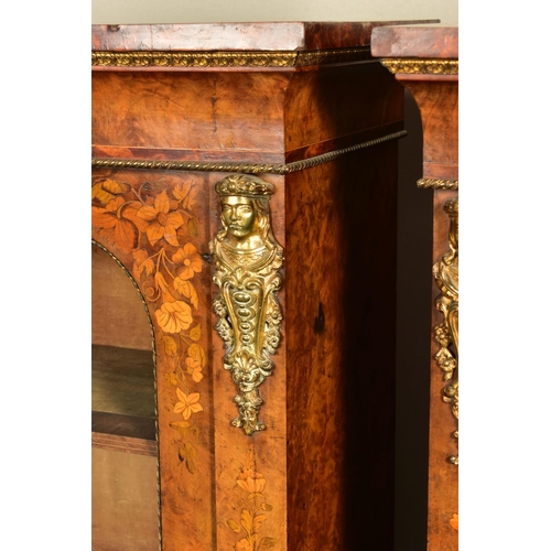 344 - A PAIR OF 19TH CENTURY FRENCH BURR WALNUT AND MARQUETRY INLAID BOOKCASES, the double glazed doors en... 