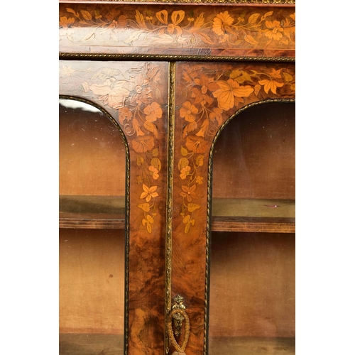 344 - A PAIR OF 19TH CENTURY FRENCH BURR WALNUT AND MARQUETRY INLAID BOOKCASES, the double glazed doors en... 