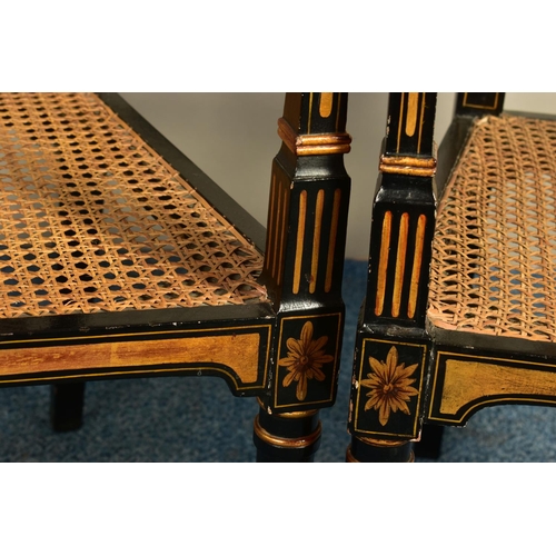 345 - A PAIR OF SHERATON REVIVAL EBONISED AND PARCEL-GILT ARMCHAIRS, c1820, with a Greek pattern to the to... 