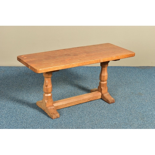 350 - ROBERT 'MOUSEMAN' THOMPSON OF KILBURN, A 3FT OAK RECTANGULAR COFFEE TABLE, with an adzed top, twin o... 