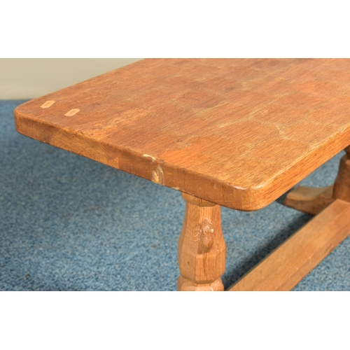 350 - ROBERT 'MOUSEMAN' THOMPSON OF KILBURN, A 3FT OAK RECTANGULAR COFFEE TABLE, with an adzed top, twin o... 