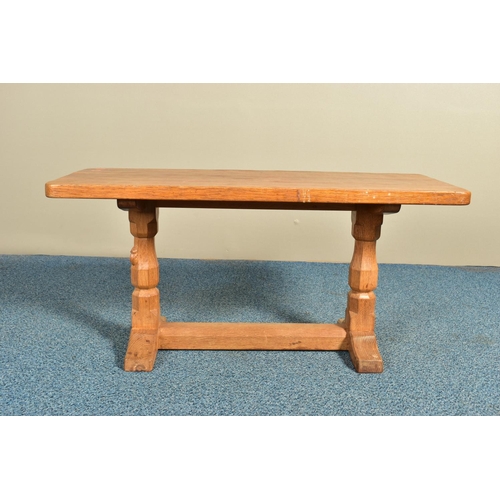 350 - ROBERT 'MOUSEMAN' THOMPSON OF KILBURN, A 3FT OAK RECTANGULAR COFFEE TABLE, with an adzed top, twin o... 