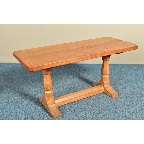 350 - ROBERT 'MOUSEMAN' THOMPSON OF KILBURN, A 3FT OAK RECTANGULAR COFFEE TABLE, with an adzed top, twin o... 