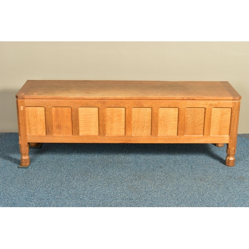 351 - ROBERT 'MOUSEMAN' THOMPSON OF KILBURN, AN OAK PANELLED BLANKET CHEST, with a rectangular adzed lid, ... 