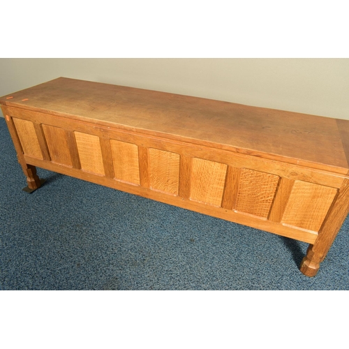 351 - ROBERT 'MOUSEMAN' THOMPSON OF KILBURN, AN OAK PANELLED BLANKET CHEST, with a rectangular adzed lid, ... 