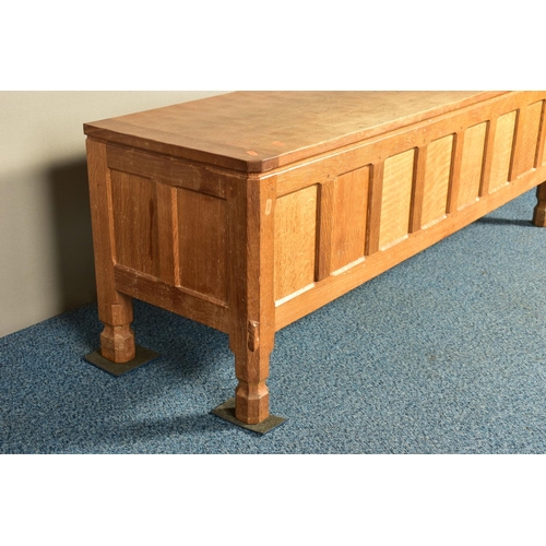 351 - ROBERT 'MOUSEMAN' THOMPSON OF KILBURN, AN OAK PANELLED BLANKET CHEST, with a rectangular adzed lid, ... 