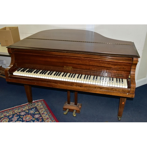 353 - ALLISON OF LONDON, A MAHOGANY PETITE BABY GRAND PIANO, serial number unknown, supplied by Harrods of... 